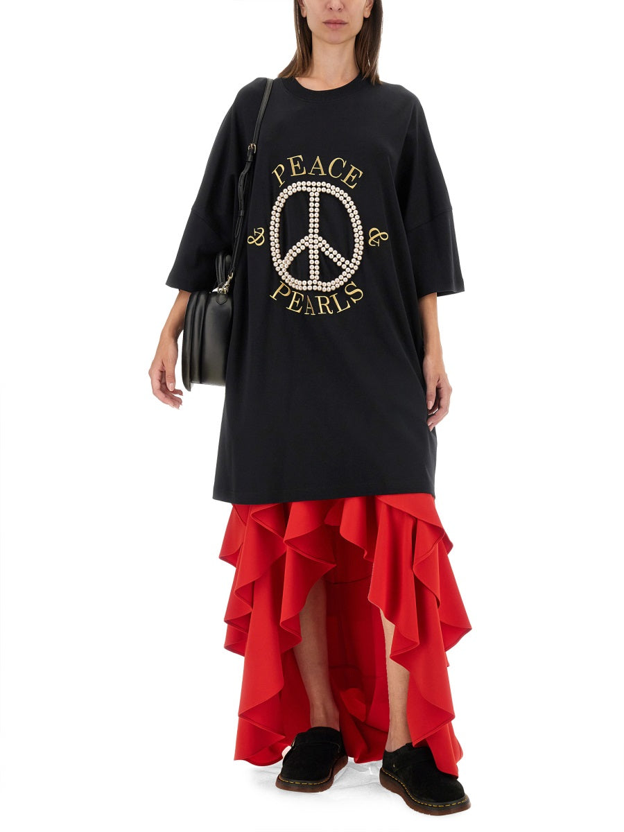 MOSCHINO COUTURE Oversized Cotton Dress with Peace & Pearls Design - Size 38