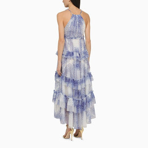 PHILOSOPHY DI LORENZO SERAFINI Light Blue Floral Tulle V-Neck Dress with Flounced Skirt for Women