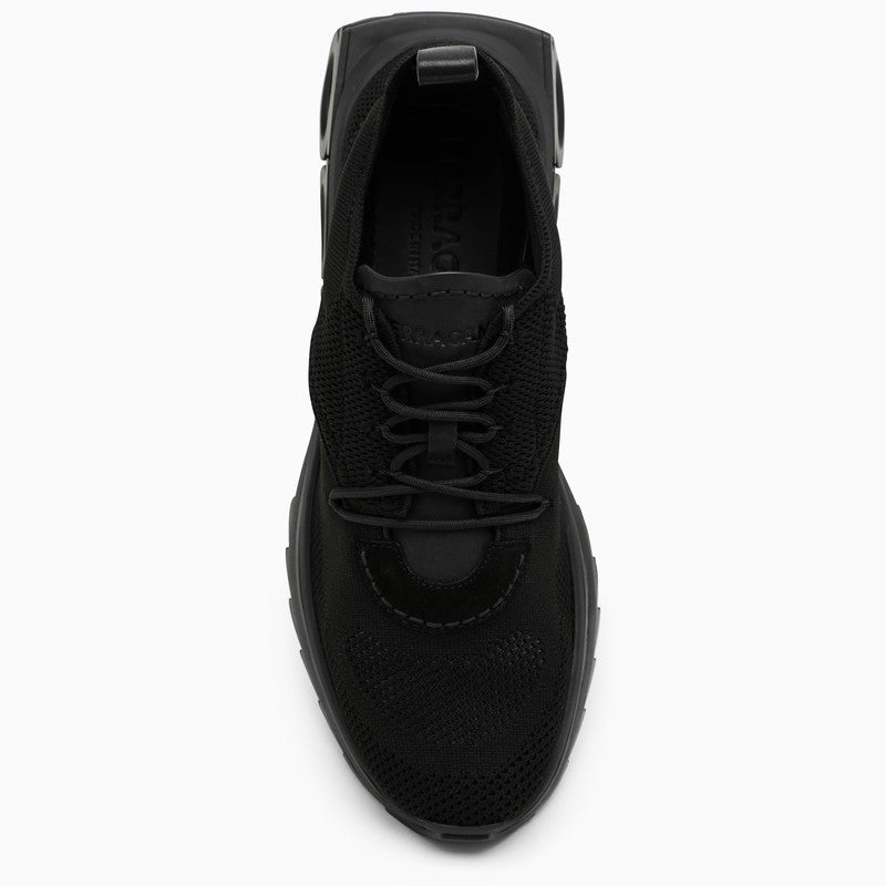 FERRAGAMO Black Knit Trainers for Men with Leather Detailing, Rounded Toe, and Perforated Rubber Sole