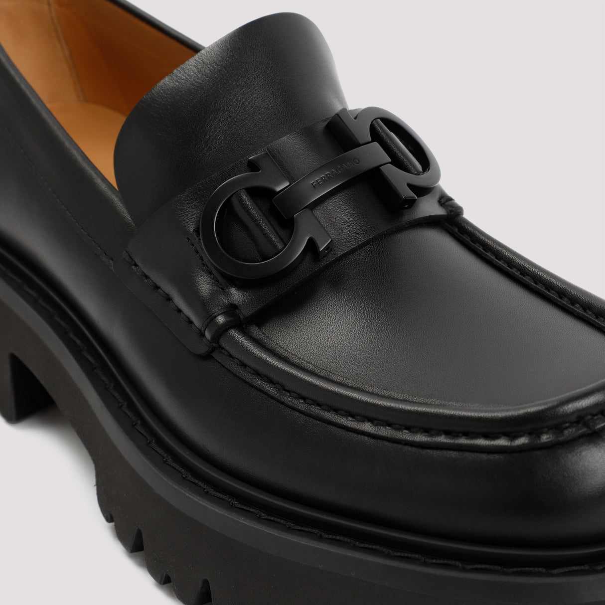 FERRAGAMO Black Leather Loafers with Platform Sole for Men