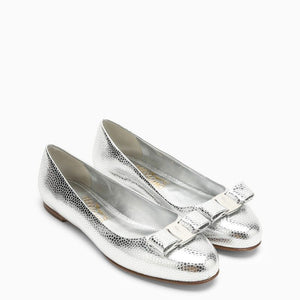 FERRAGAMO Silver Leather Ballerina with Round Toe and Decorative Bow for Women