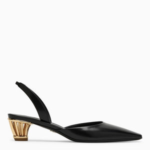 FERRAGAMO Black Leather Slingback with Golden Cage Heel and Elastic Strap