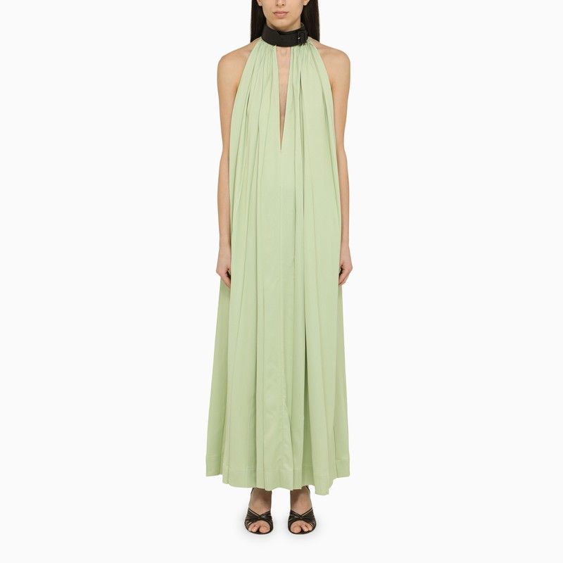 FERRAGAMO Green Viscose Sleeveless Long Dress with Contrasting High Collar