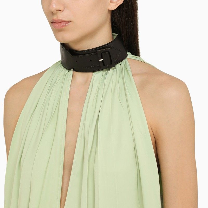 FERRAGAMO Green Viscose Sleeveless Long Dress with Contrasting High Collar