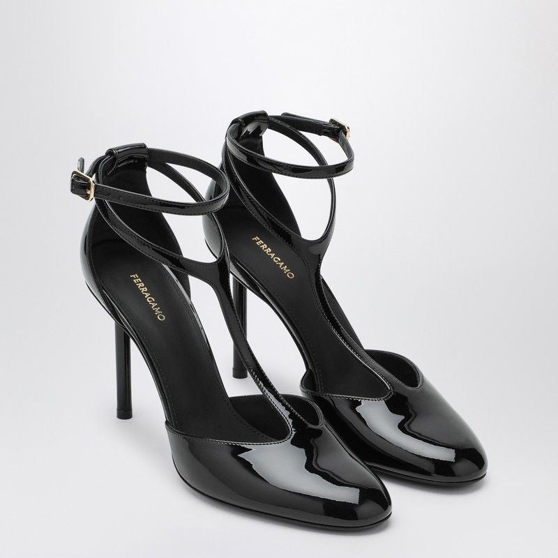 FERRAGAMO Elegant T-Strap Black Patent Leather Pumps