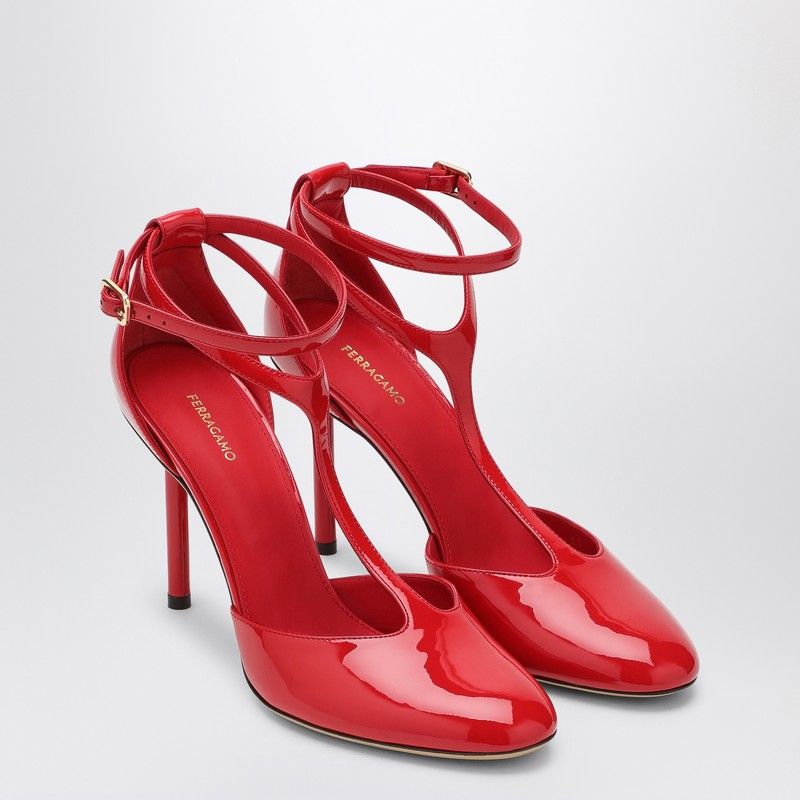 FERRAGAMO T-Strap Red Patent Leather Pumps