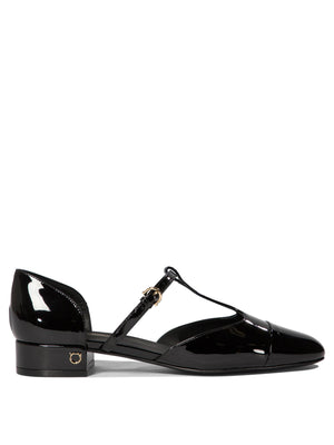 FERRAGAMO Elegant Patent Leather Ballet Flats with Golden Accents