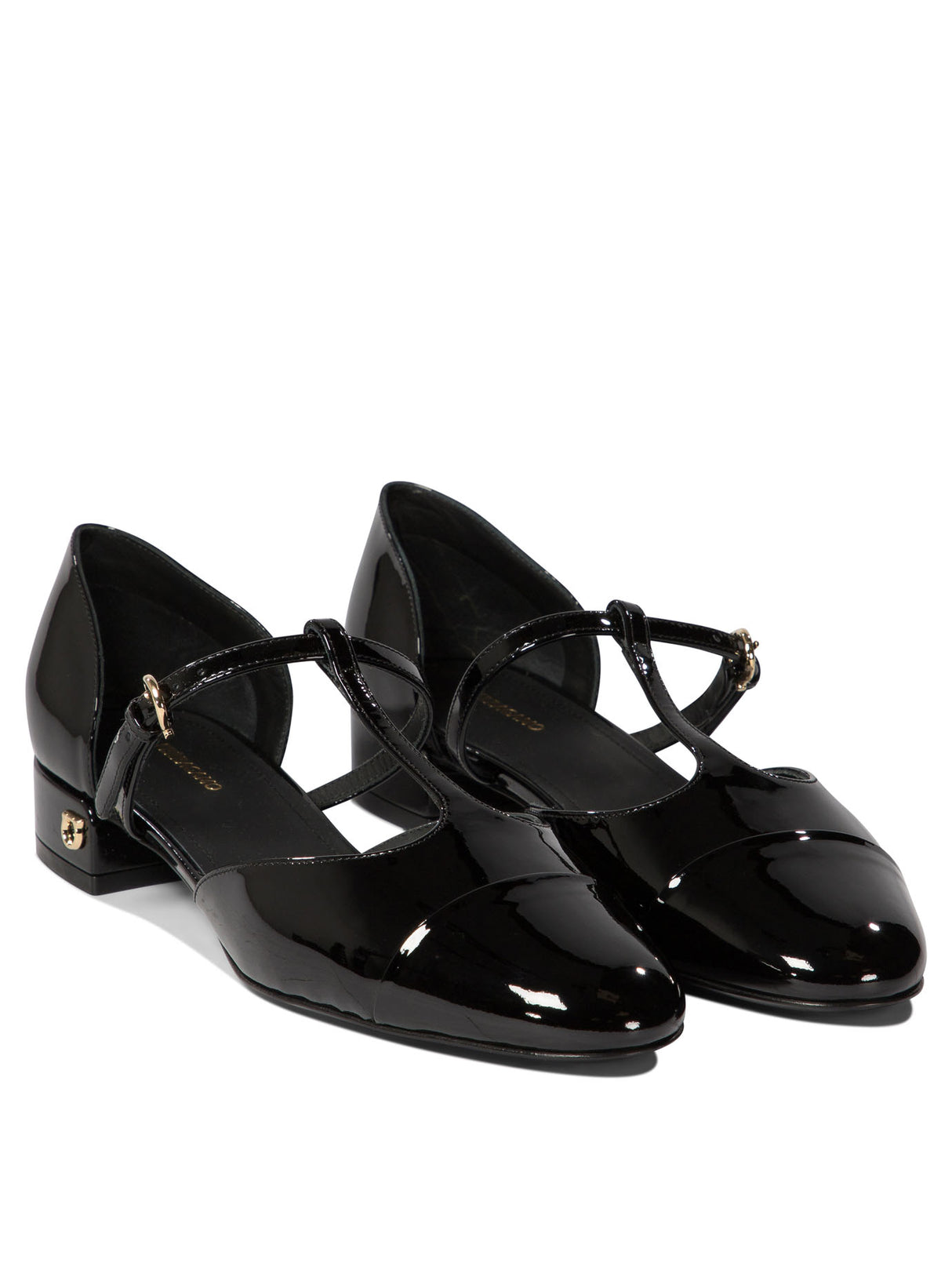 FERRAGAMO Elegant Patent Leather Ballet Flats with Golden Accents