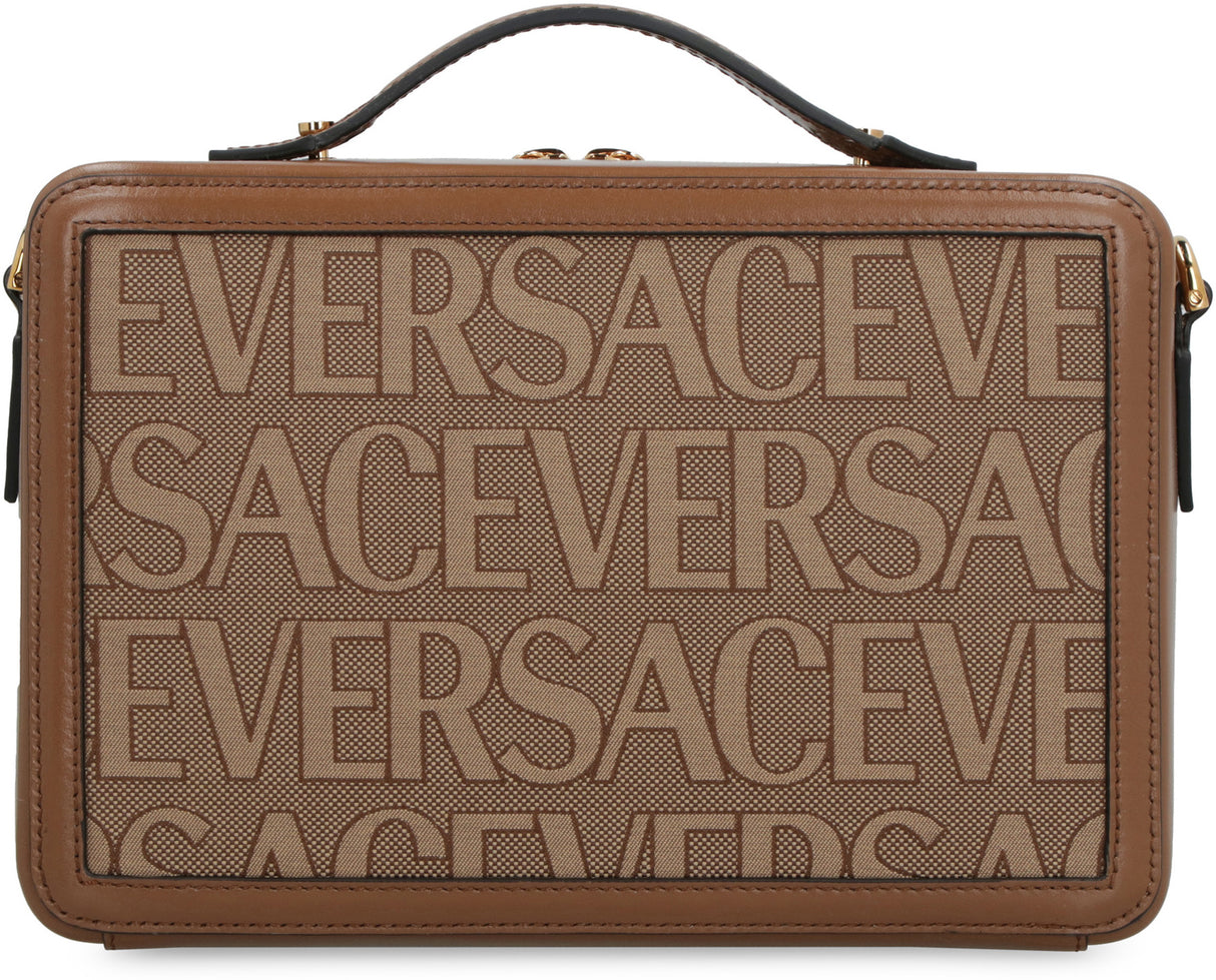 VERSACE Versatile All-Over Logo Printed Canvas Messenger Handbag in Beige for Men