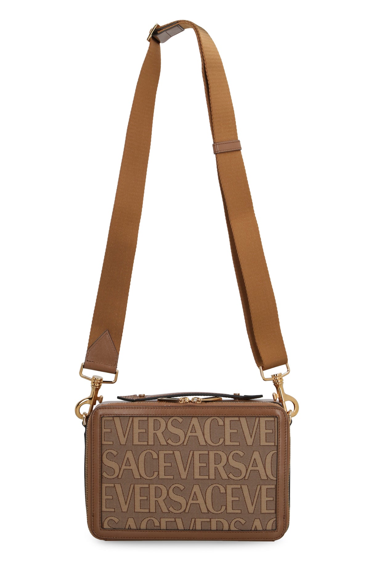 VERSACE Versatile All-Over Logo Printed Canvas Messenger Handbag in Beige for Men