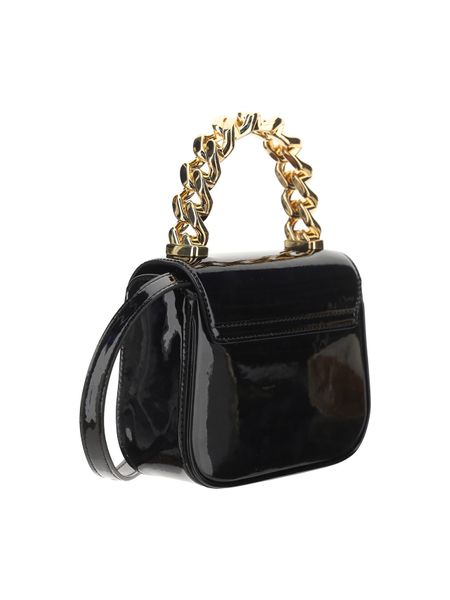 VERSACE Black Patent Leather Mini Medusa Handbag with Gold-Tone Chain and Detachable Strap