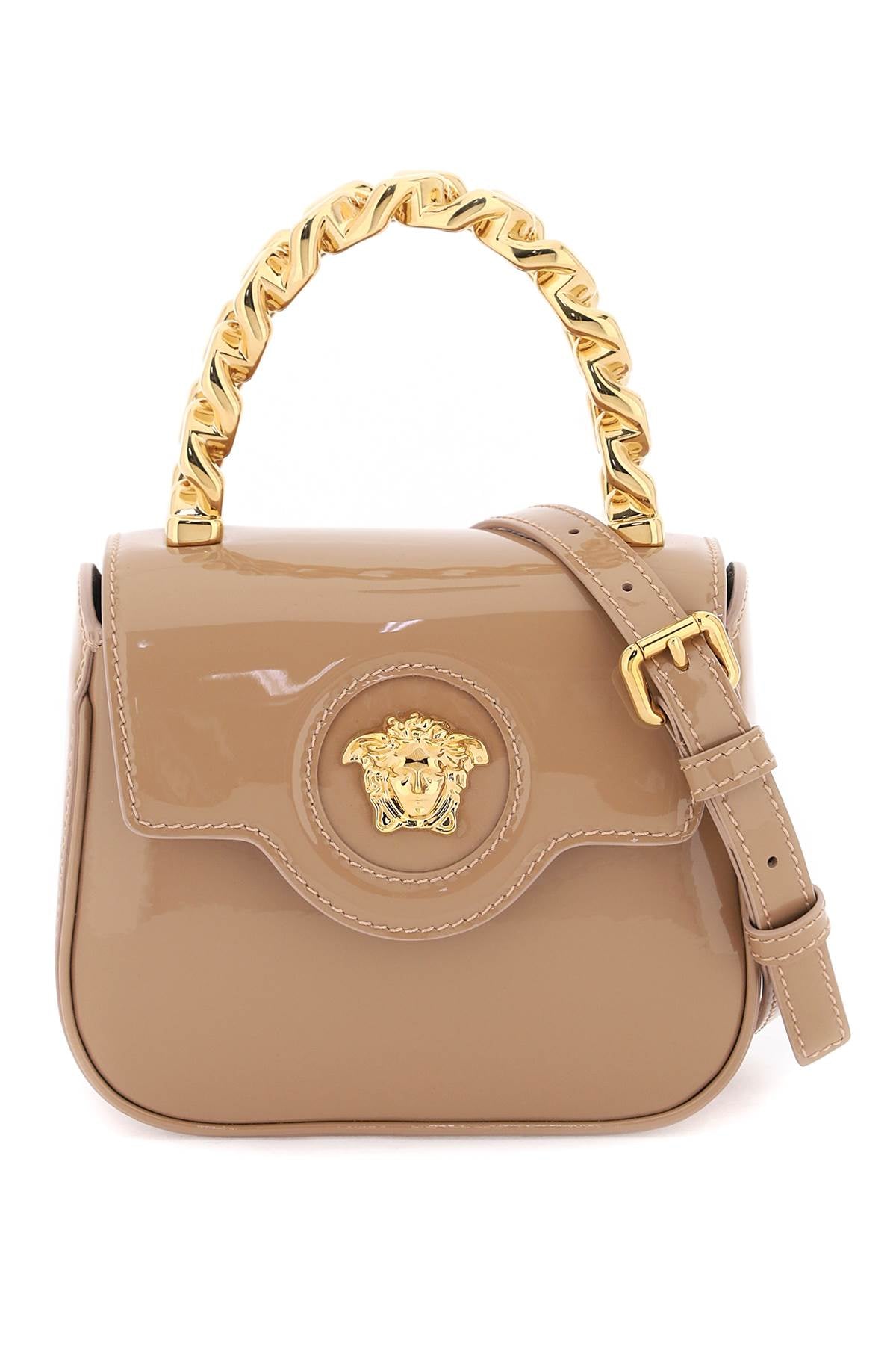 VERSACE Tan Patent Leather Mini Medusa Handbag with Gold-Tone Chain and Detachable Strap