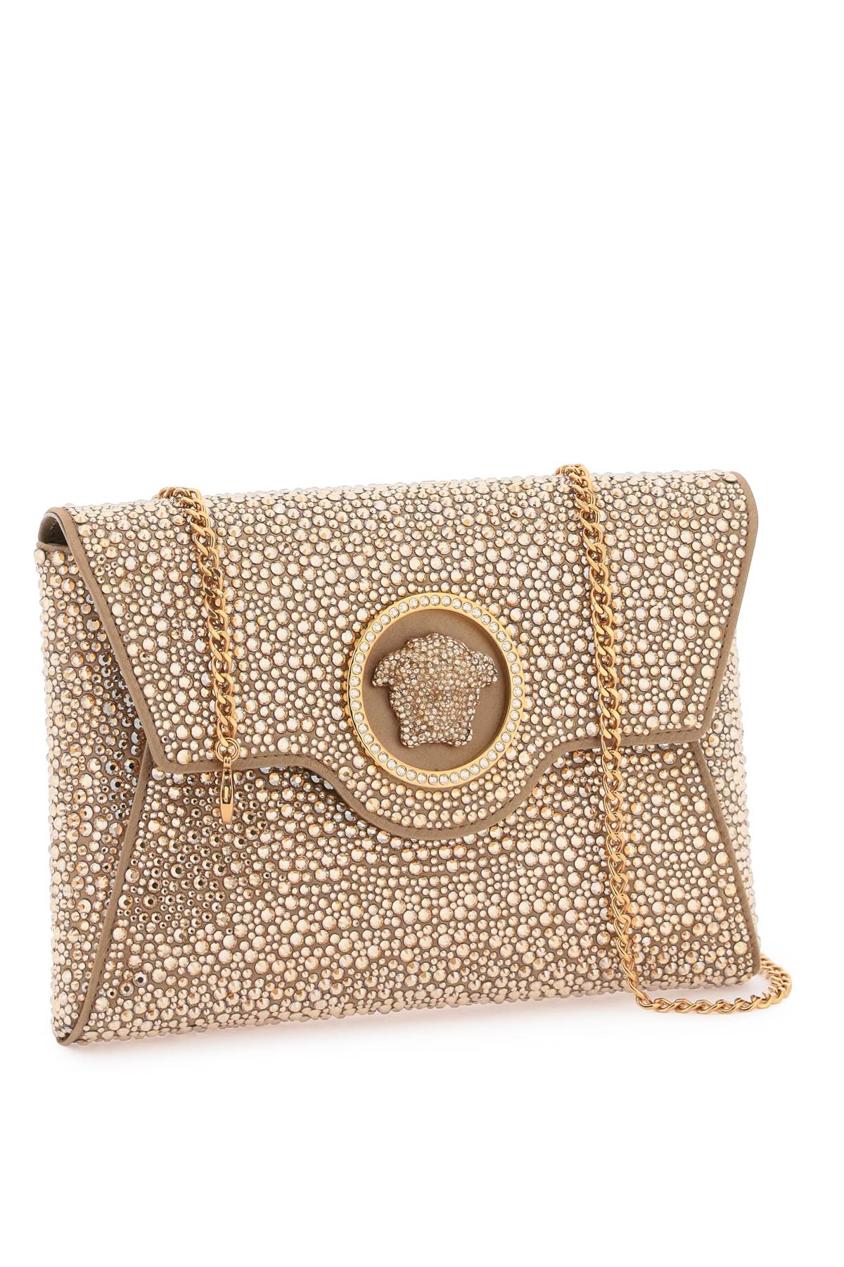 VERSACE Glamorous Beige Satin Envelope Clutch with Crystals and Iconic Medusa - SS24