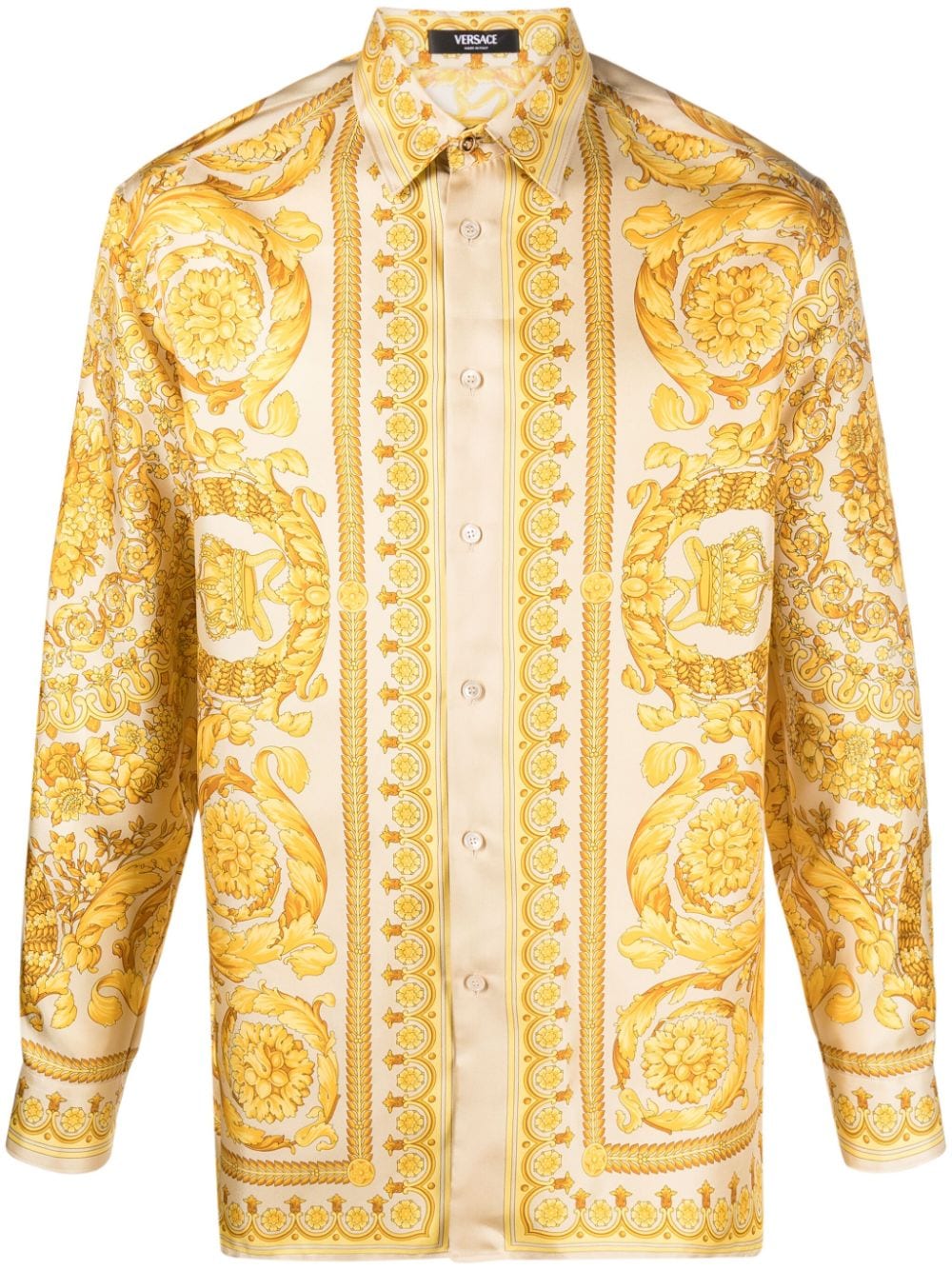 VERSACE Baroque Print Silk Shirt for Men - Champagne Gold