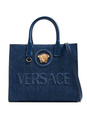 VERSACE The MEDUSA DENIM Tote Handbag - Navy Blue with Gold Hardware
