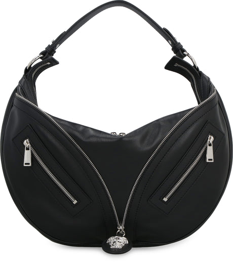 VERSACE Black Leather Hobo Handbag with Removable Handle and Adjustable Strap
