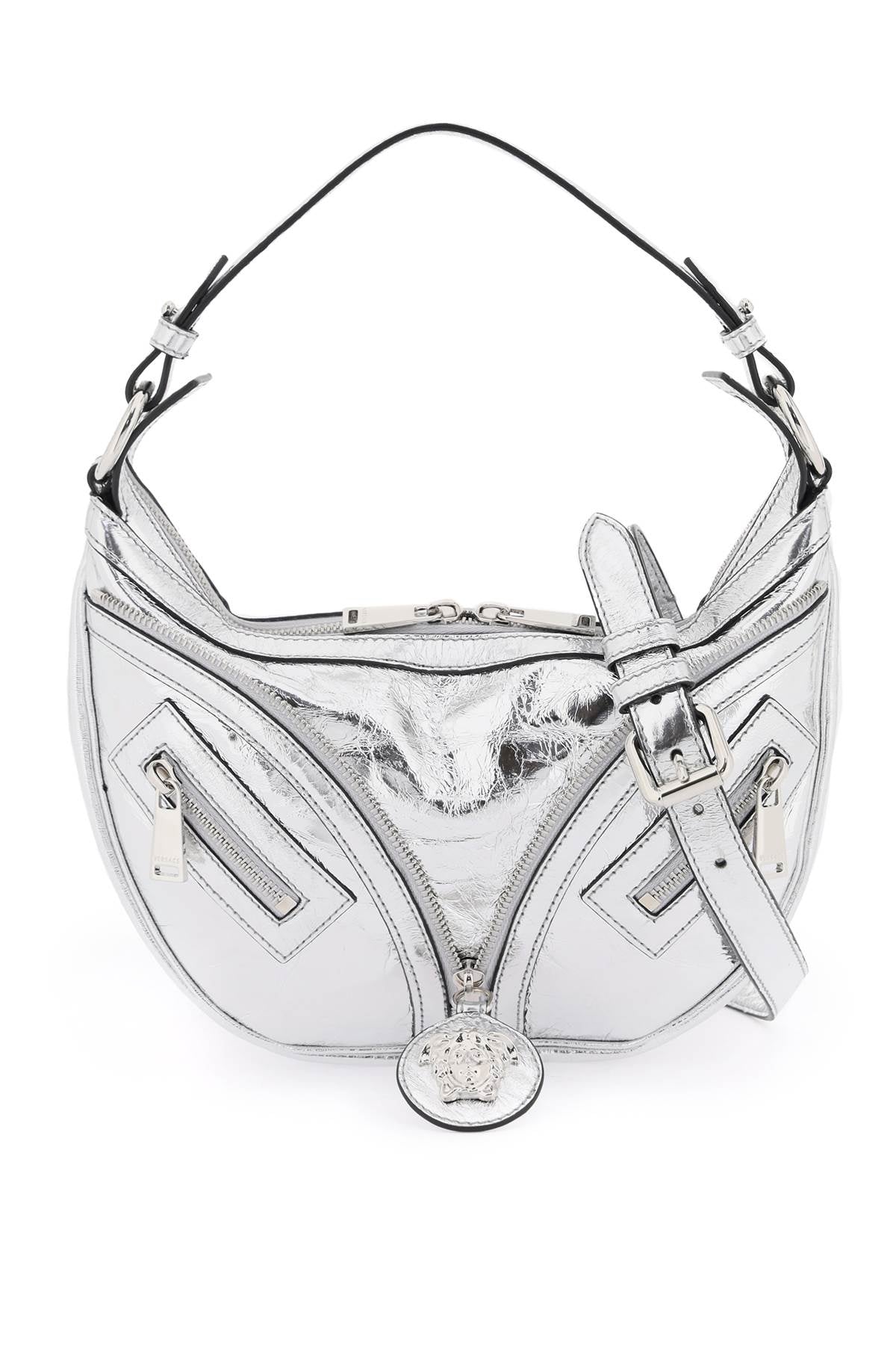 Túi đeo vai da bạc với phù hiệu Medusa và khóa kéo trang trí phía trước
