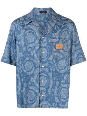 VERSACE Men's Blue Floral Print Cotton Shirt