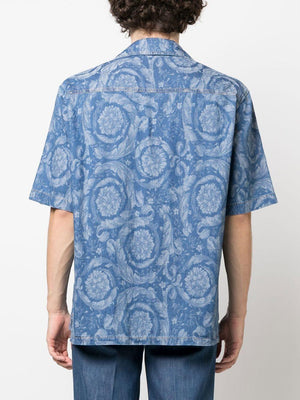 VERSACE Men's Blue Floral Print Cotton Shirt