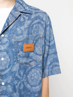 VERSACE Men's Blue Floral Print Cotton Shirt