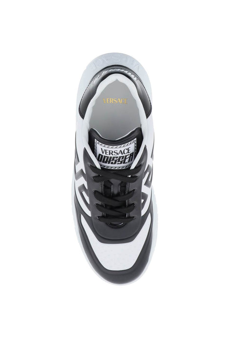 VERSACE Embossed Leather Sneaker with Greek Motif Print and Lettering Details