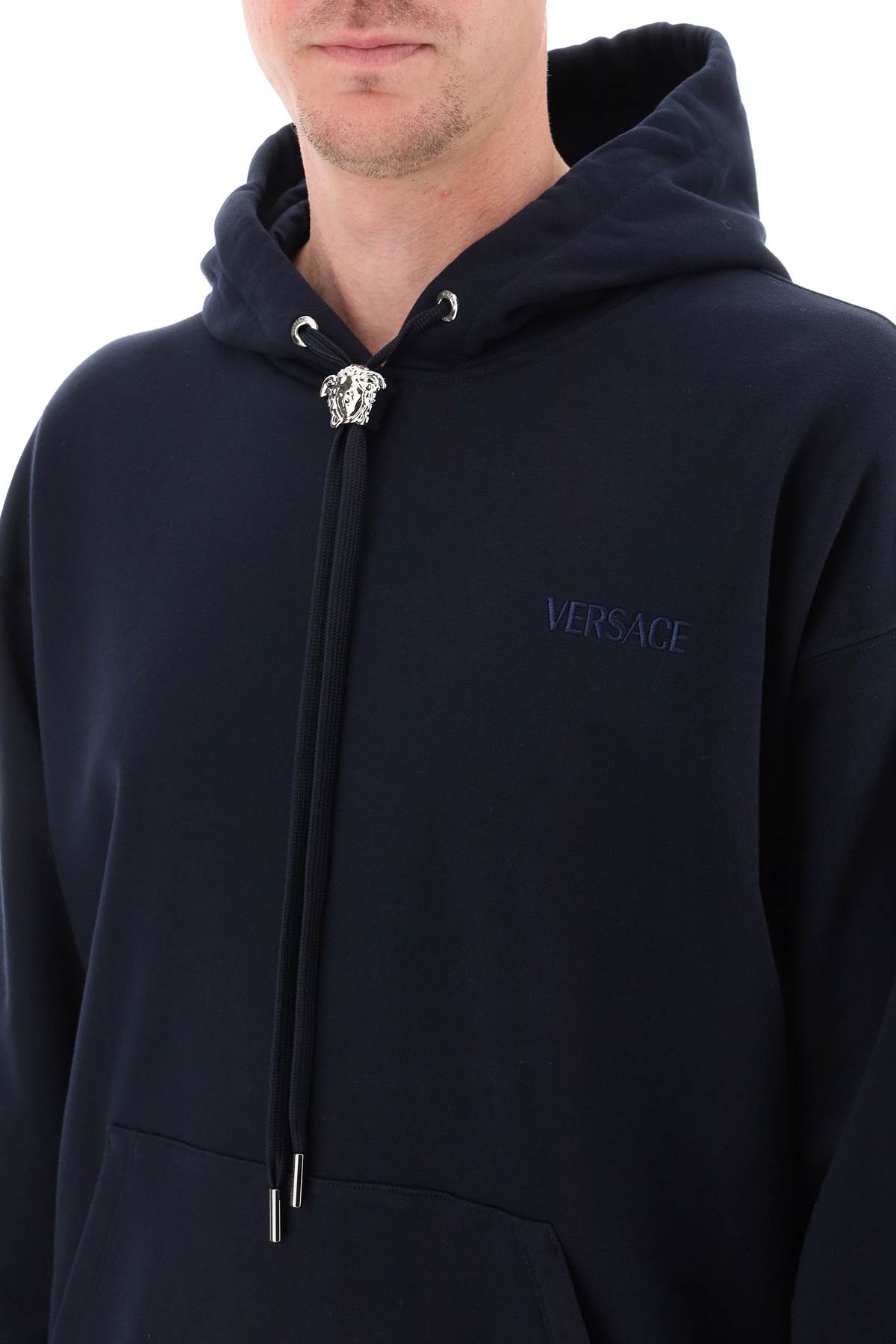 VERSACE Navy Ribbed Cotton Hoodie for Men