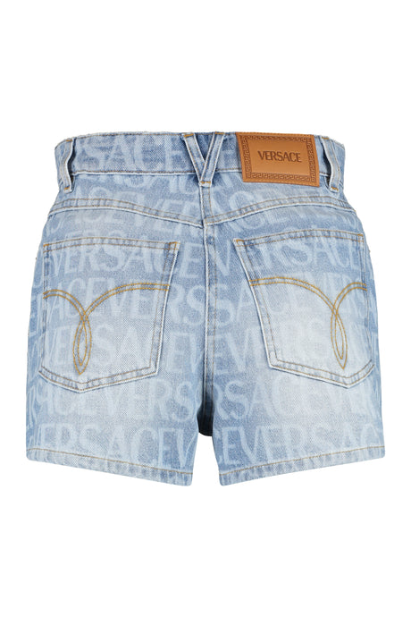 VERSACE Blue All Over Logo Print Denim Shorts for Women