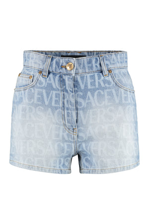 VERSACE Blue All Over Logo Print Denim Shorts for Women