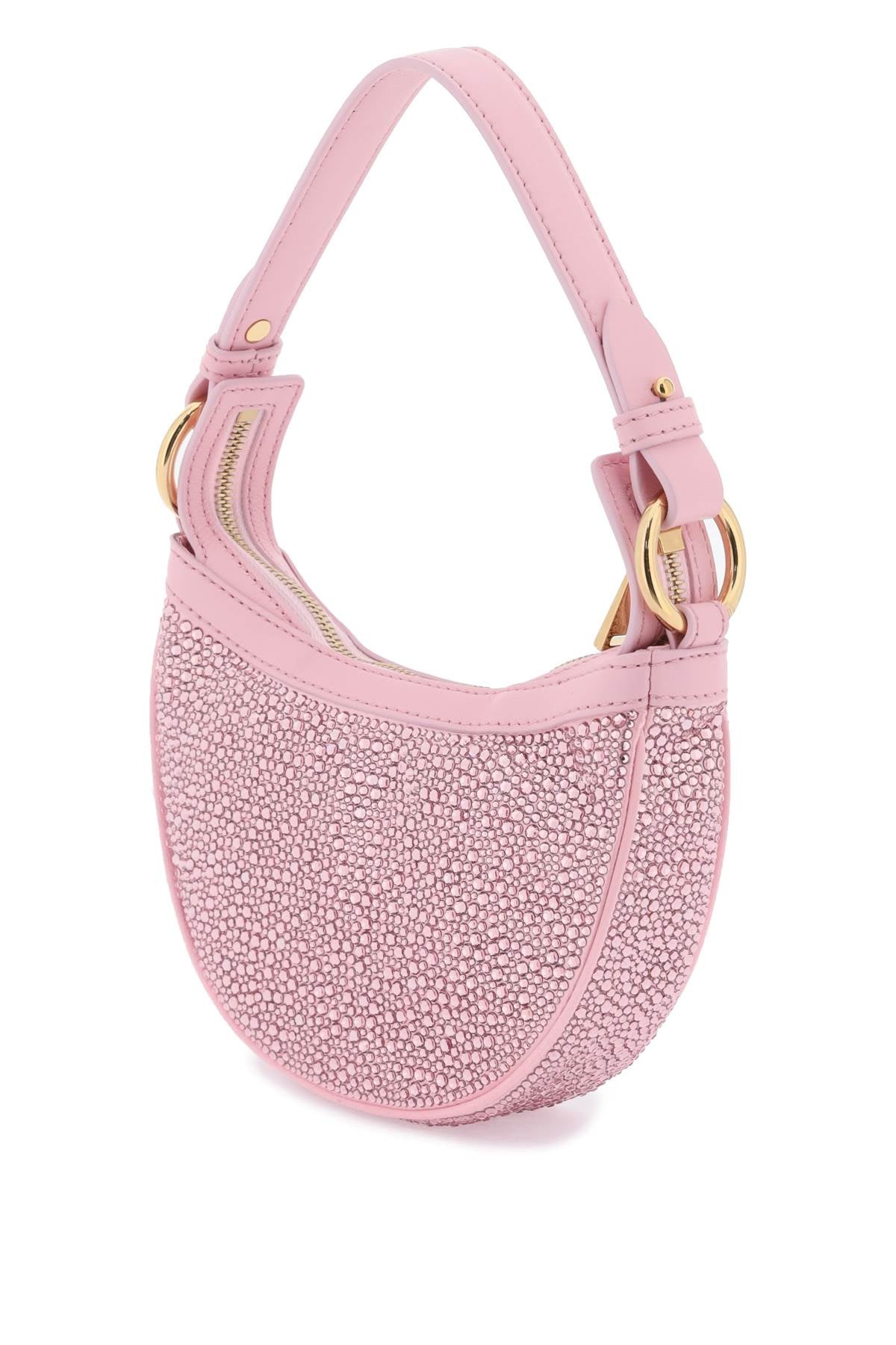 VERSACE Mini Satin Hobo Handbag with Crystals and Medusa Detail - Pink