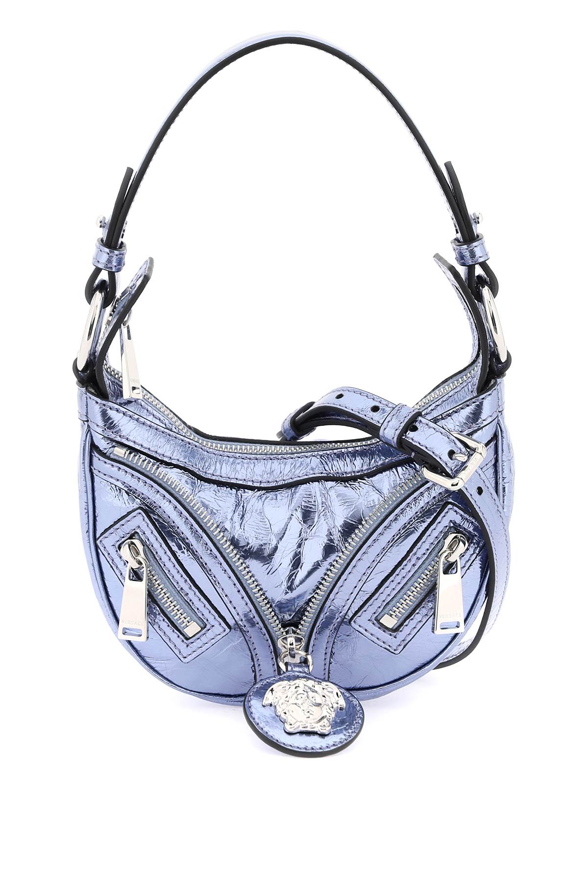 VERSACE Metallic Mini Hobo Handbag with Medusa Pendant and Zipper Detail
