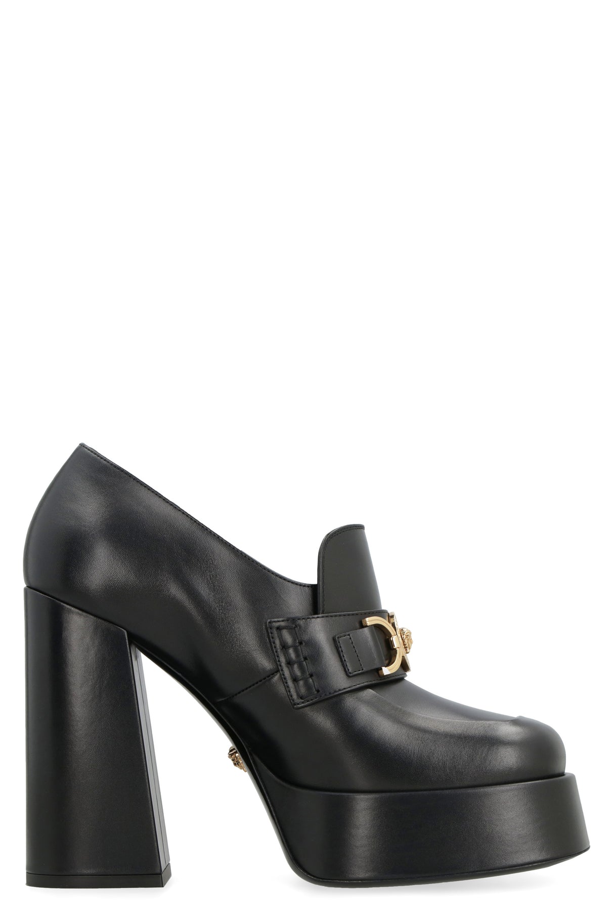 VERSACE Black Leather Square Toe Loafers with Logo Detail, Block Heel and Platform