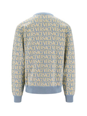 VERSACE Men's Blue All-Over Motif Cotton Crew Neck Sweater for FW23