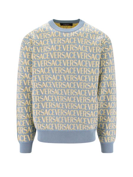 VERSACE Men's Blue All-Over Motif Cotton Crew Neck Sweater for FW23