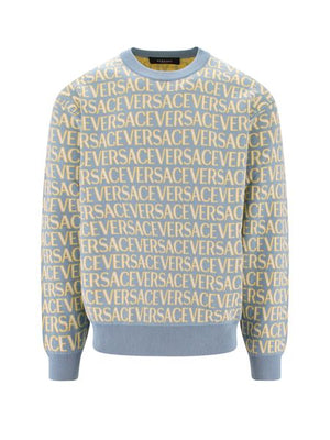 VERSACE Men's Blue All-Over Motif Cotton Crew Neck Sweater for FW23