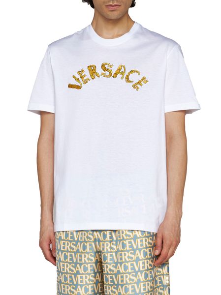 VERSACE Men's White Embroidered T-Shirt with Baroque Logo