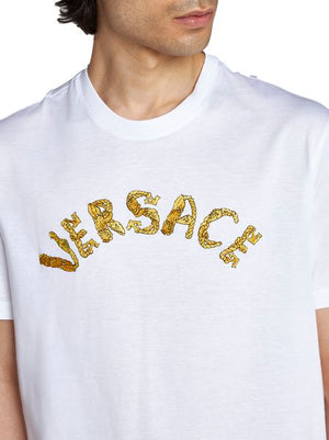 VERSACE Men's White Embroidered T-Shirt with Baroque Logo