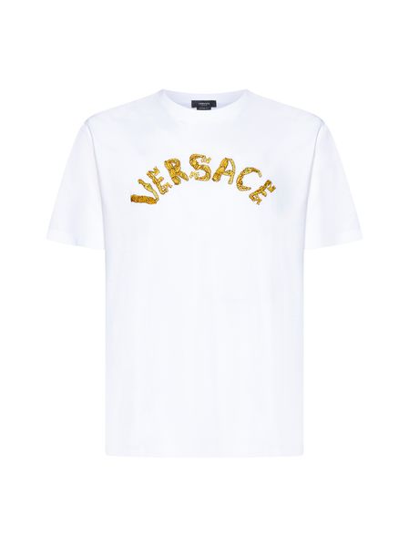 VERSACE White Embroidered Cotton T-Shirt for Men