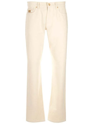 VERSACE Men's Ecru Straight Leg Jeans with Gold-Tone Details