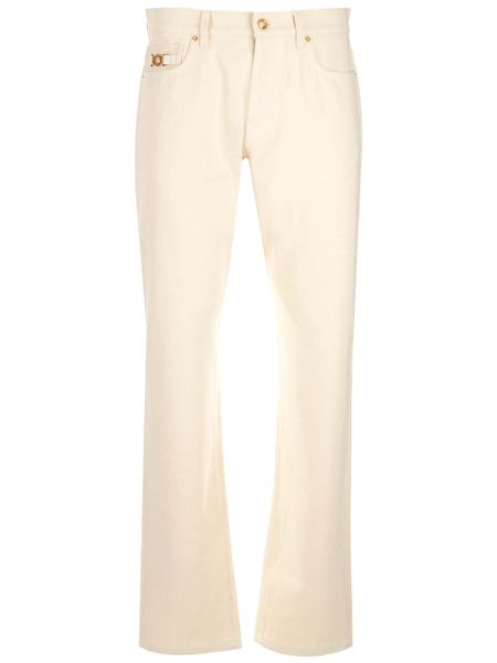 VERSACE Men's Ecru Straight Leg Jeans with Gold-Tone Details