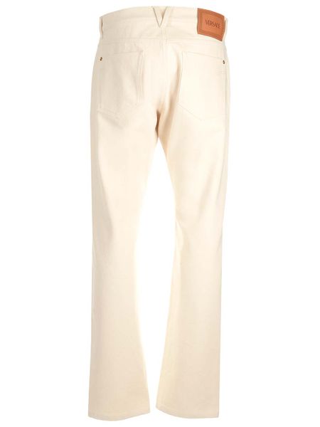 VERSACE Men's Ecru Straight Leg Jeans with Gold-Tone Details