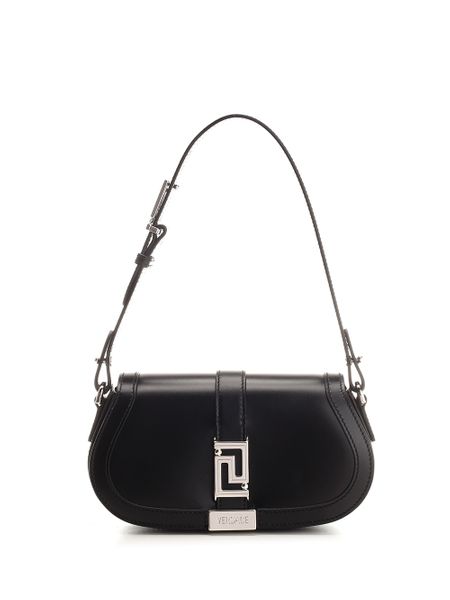 VERSACE Mini Goddess Black Leather Shoulder Bag with Silver Logo Buckle, Width: 21cm