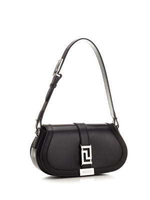 VERSACE Mini Goddess Black Leather Shoulder Bag with Silver Logo Buckle, Width: 21cm