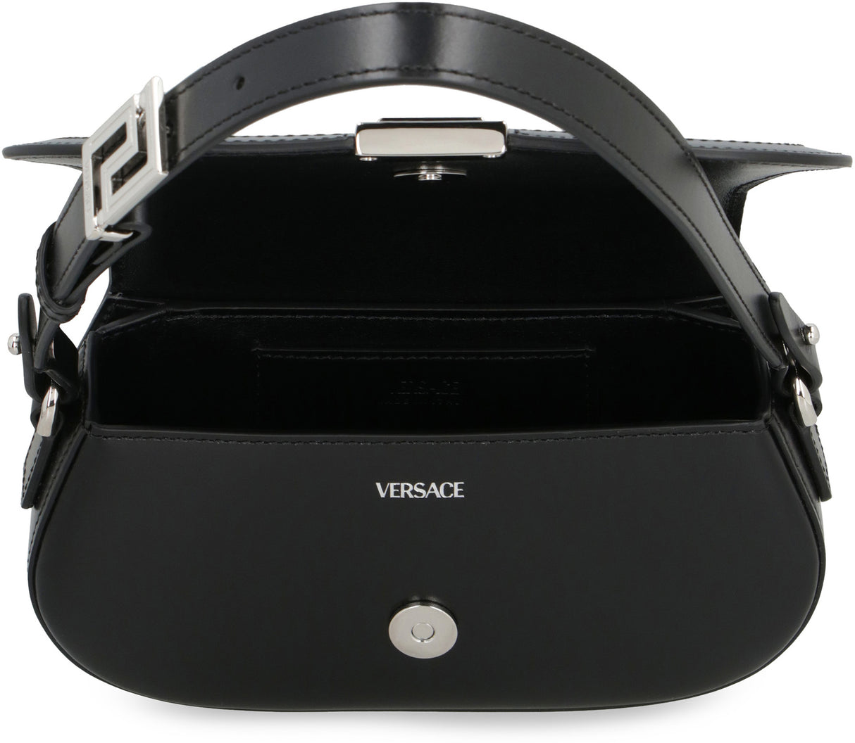 VERSACE Mini Goddess Black Leather Shoulder Bag with Silver Logo Buckle, Width: 21cm