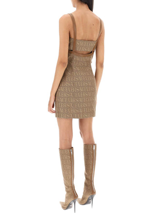 VERSACE Luxurious Beige Jacquard Mini Dress with Leather Details for FW23