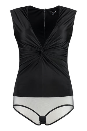 VERSACE Sleeveless Black Bodysuit with Decorative Front Knot for Women - FW23