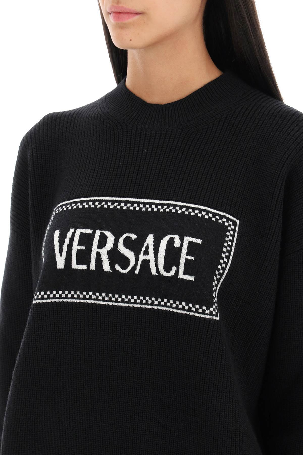 VERSACE Women's Black Knit Sweater with Logo Inlay - FW23 Collection