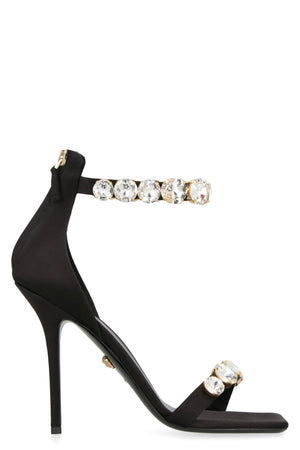 VERSACE Black Satin Sandals with Embellished Details and Stiletto Heels for Women