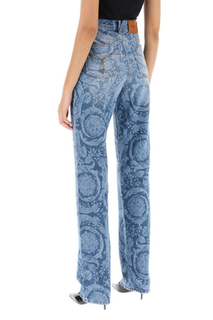 VERSACE Baroque Pattern Straight Leg Jeans in Light Blue for Women