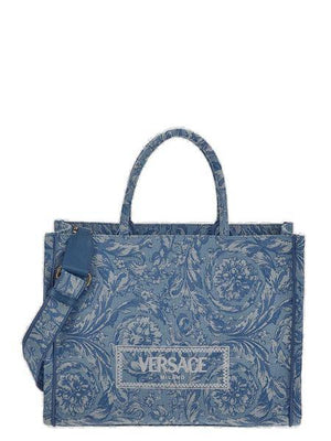 VERSACE Navy Blue Embroidered Jacquard & Leather Large Tote Bag for Women