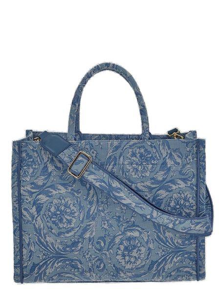 VERSACE Navy Blue Embroidered Jacquard & Leather Large Tote Bag for Women